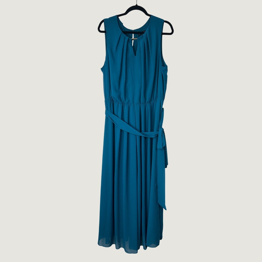 Lane Bryant Maxi Dress Women 18 Teal Blue Pleated Chiffon Cocktail Formal Flowy